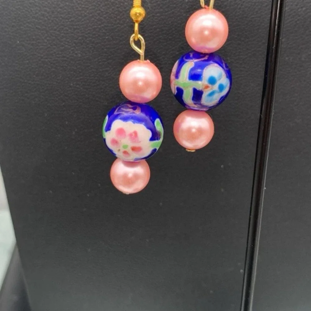 Blue floral art glass earrings with pink faux pearls